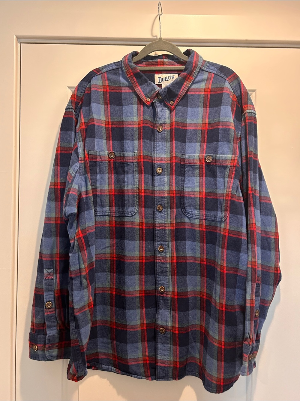 Duluth Trading Co Blue and Red Plaid Button-Down Shirt